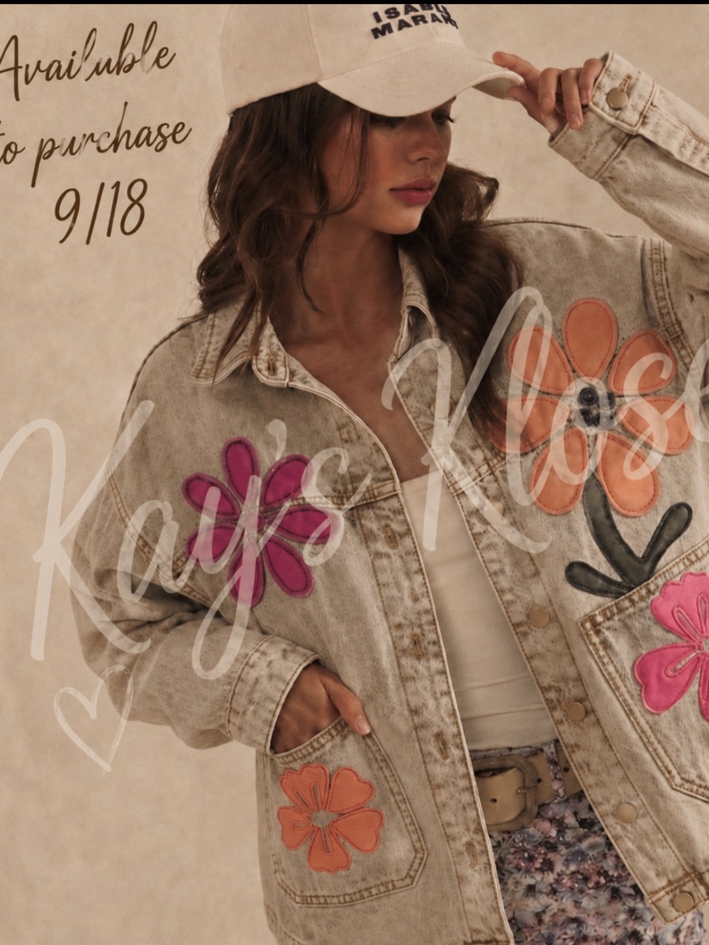 W89-🩷🧡🌸 (ETA 9/18) Vintage-Inspired Beige Denim Jacket WITH Floral Appliqués